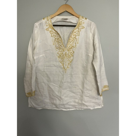 Michael Kors 100% Linen Top Tunic White Beaded Neckline Sleeves Women’s M - Picture 3 of 16